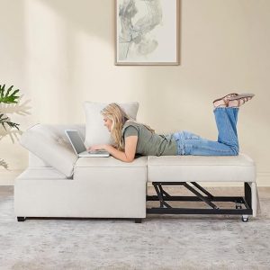 Sleeper Sofa Chair Convertible 4-in-1 SofaBed 71.6 Inch Strong Metal Frame Pull Out Futon Couch with 2 Pillows Adjustable Backrest Linen Fabric Loveseat for Small Loft Apartment Living Room