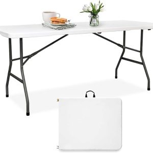 6FT Folding Table HDPE Foldable Table Banquet Surface Fold-in-Half Desk Utility for Working Meeting Parties, Picnic, Camping, Weddings, Catering, Garden Dining-White