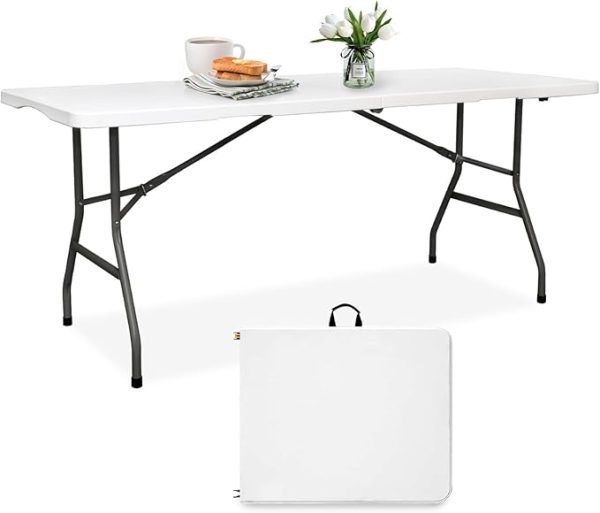 6FT Folding Table HDPE Foldable Table Banquet Surface Fold-in-Half Desk Utility for Working Meeting Parties, Picnic, Camping, Weddings, Catering, Garden Dining-White