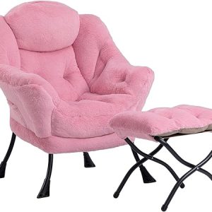 HollyHOME Fabric Lazy Chair with Foldable Ottoman, Accent Comfy Lounge Arm Chair and Folding Footrest Stool Set, Leisure Sofa Reading Chair and Footstool for Living Room, Bedroom, Dorm, Pink