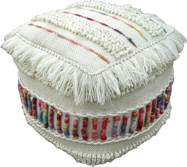 Christopher Knight Home Roth Boho Wool Pouf, Ivory and Multi-Colored 16” x 16”x16”