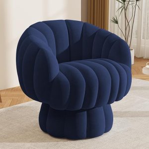 Mid Century Modern 360 Degree Barrel Swivel Accent Sofa Chair,Fluffy Velvet Fabric Lounge Wide Upholstered Pumpkin Reading Chair, Round Cloud Armchair for Living Room,Bedroom,Vanity(Navy Blue)
