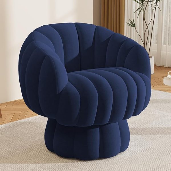 Mid Century Modern 360 Degree Barrel Swivel Accent Sofa Chair,Fluffy Velvet Fabric Lounge Wide Upholstered Pumpkin Reading Chair, Round Cloud Armchair for Living Room,Bedroom,Vanity(Navy Blue)