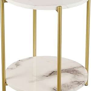 2 Tier Round Side Table, Marble End Tables Coffee Table Simplistic Sofa Table Waterproof Removable Tray Table Indoor Outdoor Accent Table for Living Room Bedroom (Faux Marble White)