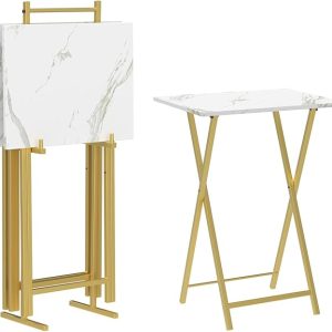 HOOBRO Folding TV Tray Tables, Set of 4 TV Trays with Storage Rack, Industrial Side Table for Eating at Couch, Foldable Snack Table for Small Space, Easy Assembly, Marble and Gold DM50BZ01
