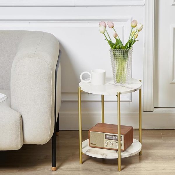 2 Tier Round Side Table, Marble End Tables Coffee Table Simplistic Sofa Table Waterproof Removable Tray Table Indoor Outdoor Accent Table for Living Room Bedroom (Faux Marble White) - Image 5