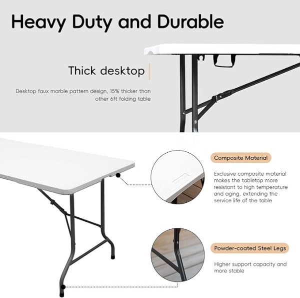 6FT Folding Table HDPE Foldable Table Banquet Surface Fold-in-Half Desk Utility for Working Meeting Parties, Picnic, Camping, Weddings, Catering, Garden Dining-White - Image 4