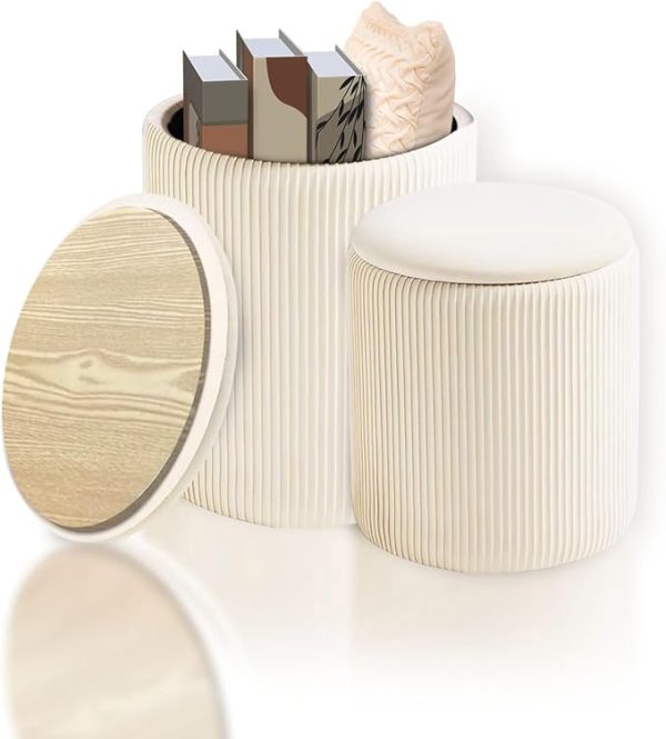 Round Storage Ottoman (Set of 2) - Multifunctional Storage Ottoman with Removable Lid and Soft Velvet Padding - Perfect Footrest for Living Room and Bedroom, Vanity Stool for Makeup - Beige (beige) - Image 5