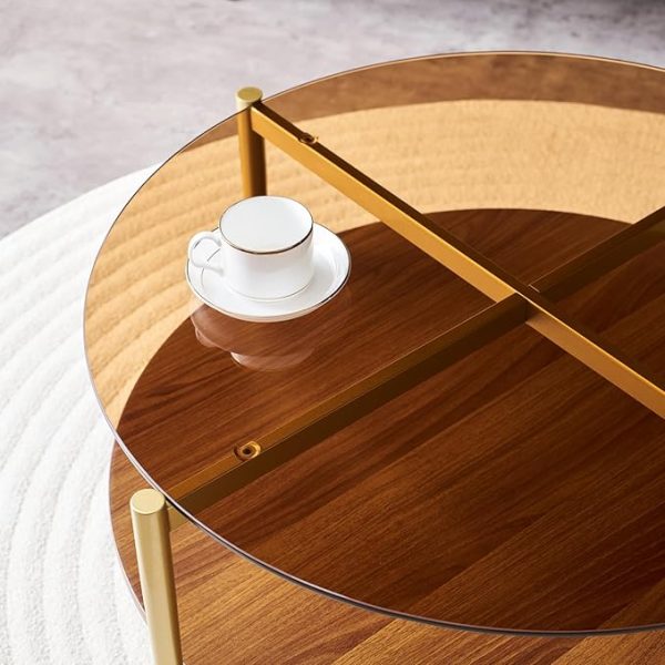 Round Coffee Table, Mid-Century Modern Design, D30 x H17, for Living Room, 2-Tier Structure, Amber Glass Top and Walnut MDF Shelf, Sleek Conical Metal Legs with Gold Finish - Image 3