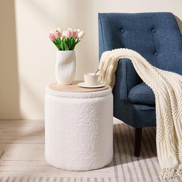 Round Boucle Upholstered Ottoman with Storage Set of 2 Vanity Stool Foot Rest with Removable Lid White Tall Ottomans Chair for Living Room Pouf Footstool,Gifts - Image 4