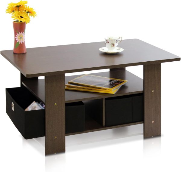 Furinno Coffee Table with Bins, Dark Brown/Black - Image 3