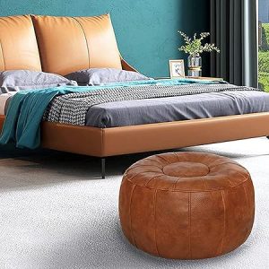 Thgonwid Unstuffed Moroccan Pouf Ottoman Cover- Handmade Round Faux Leather Foot Stool with Large Storage, Bean Bag Floor Chair & Foot Rest for Living Room, Bedroom, Balcony (Light Brown)