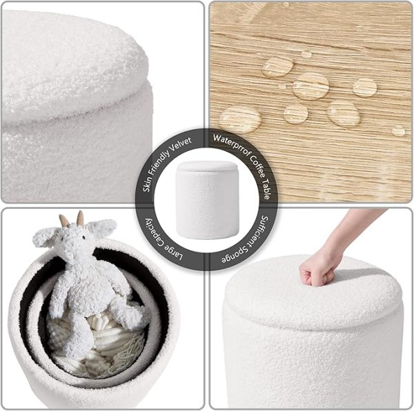 Round Boucle Upholstered Ottoman with Storage Set of 2 Vanity Stool Foot Rest with Removable Lid White Tall Ottomans Chair for Living Room Pouf Footstool,Gifts - Image 5
