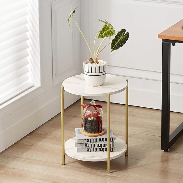 2 Tier Round Side Table, Marble End Tables Coffee Table Simplistic Sofa Table Waterproof Removable Tray Table Indoor Outdoor Accent Table for Living Room Bedroom (Faux Marble White) - Image 2