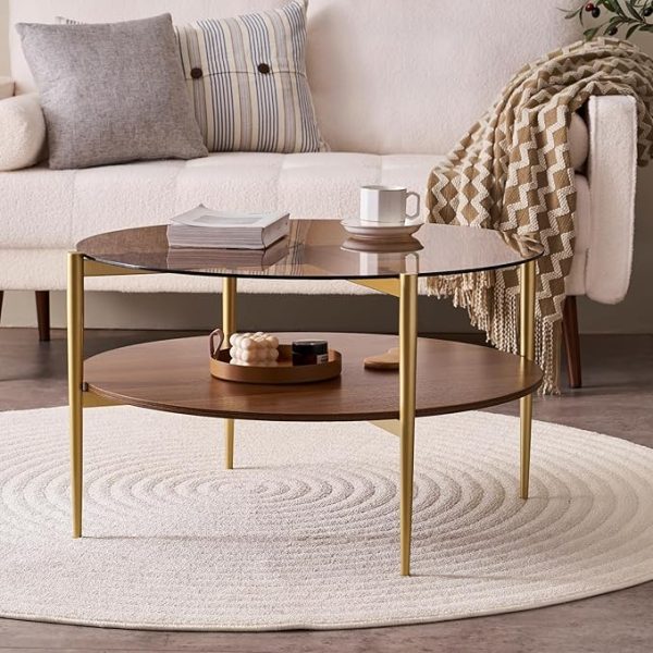 Round Coffee Table, Mid-Century Modern Design, D30 x H17, for Living Room, 2-Tier Structure, Amber Glass Top and Walnut MDF Shelf, Sleek Conical Metal Legs with Gold Finish - Image 4