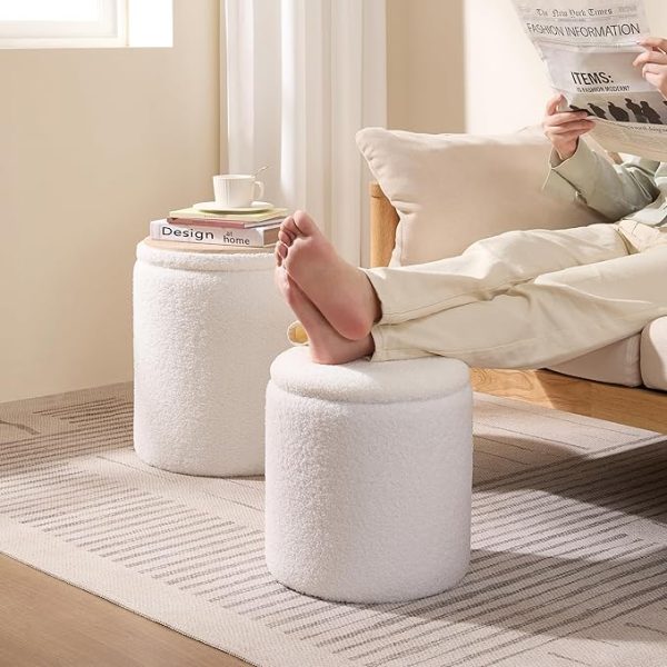 Round Boucle Upholstered Ottoman with Storage Set of 2 Vanity Stool Foot Rest with Removable Lid White Tall Ottomans Chair for Living Room Pouf Footstool,Gifts - Image 3