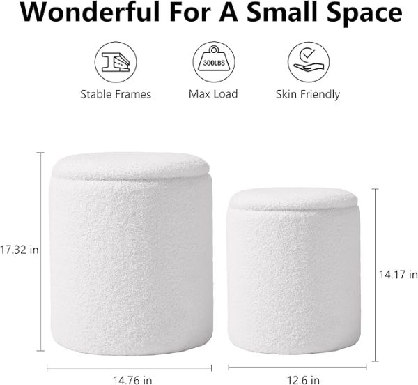 Round Boucle Upholstered Ottoman with Storage Set of 2 Vanity Stool Foot Rest with Removable Lid White Tall Ottomans Chair for Living Room Pouf Footstool,Gifts - Image 2