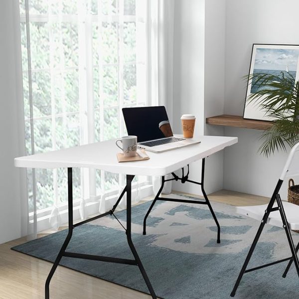 6FT Folding Table HDPE Foldable Table Banquet Surface Fold-in-Half Desk Utility for Working Meeting Parties, Picnic, Camping, Weddings, Catering, Garden Dining-White - Image 2