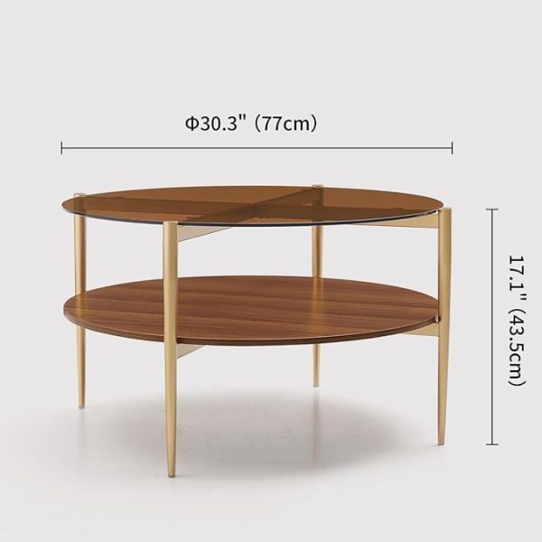 Round Coffee Table, Mid-Century Modern Design, D30 x H17, for Living Room, 2-Tier Structure, Amber Glass Top and Walnut MDF Shelf, Sleek Conical Metal Legs with Gold Finish - Image 2