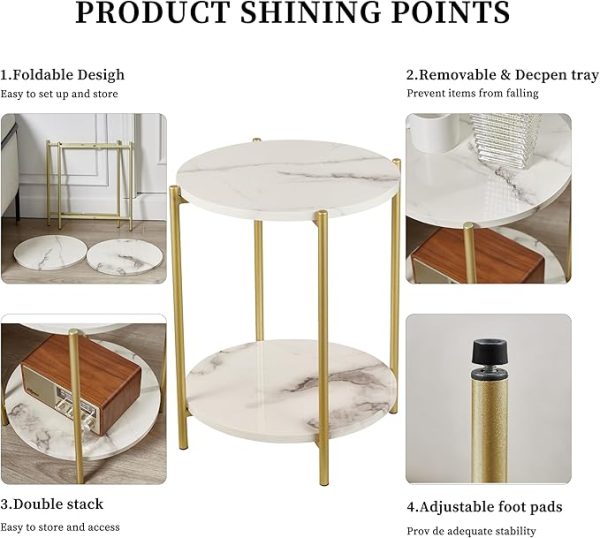 2 Tier Round Side Table, Marble End Tables Coffee Table Simplistic Sofa Table Waterproof Removable Tray Table Indoor Outdoor Accent Table for Living Room Bedroom (Faux Marble White) - Image 4