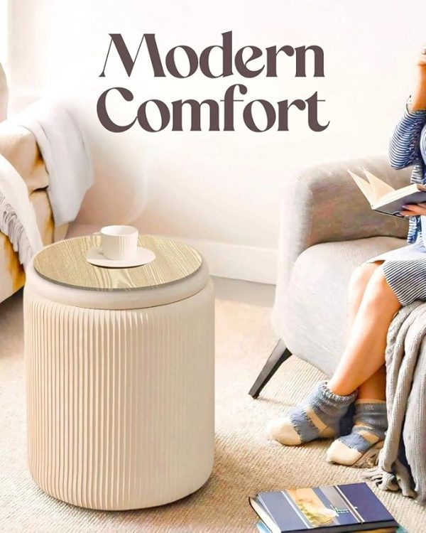 Round Storage Ottoman (Set of 2) - Multifunctional Storage Ottoman with Removable Lid and Soft Velvet Padding - Perfect Footrest for Living Room and Bedroom, Vanity Stool for Makeup - Beige (beige) - Image 4