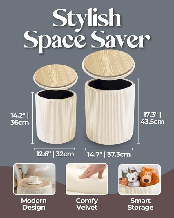 Round Storage Ottoman (Set of 2) - Multifunctional Storage Ottoman with Removable Lid and Soft Velvet Padding - Perfect Footrest for Living Room and Bedroom, Vanity Stool for Makeup - Beige (beige) - Image 2